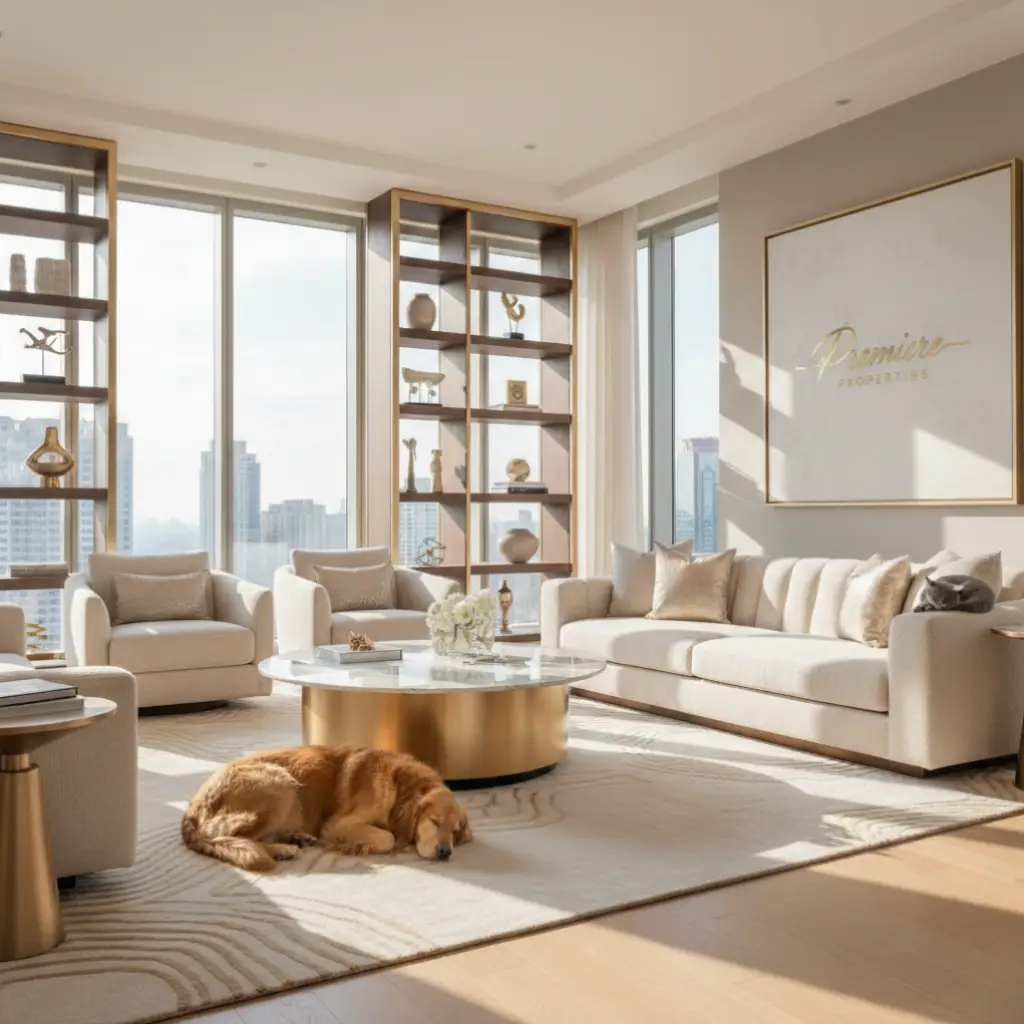 Modernes Wohnzimmer mit Hund und Katze – Symbolbild für Tierhaltung in der Mietwohnung